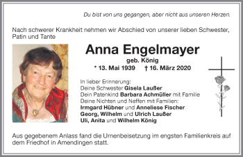 Traueranzeige von Anna Engelmayer von Memminger Zeitung