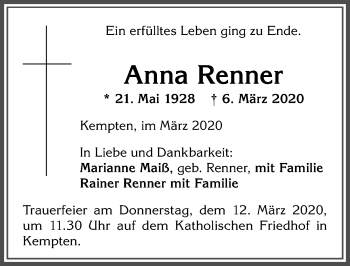 Traueranzeige von Anna Renner von Allgäuer Zeitung,Kempten
