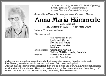 Traueranzeige von Anna Maria Hämmerle von Allgäuer Zeitung,Kempten