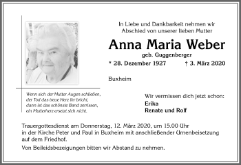 Traueranzeige von Anna Maria Weber von Memminger Zeitung