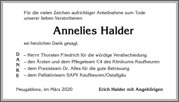Traueranzeige von Annelies Halder von Allgäuer Zeitung, Kaufbeuren/Buchloe