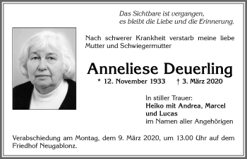 Traueranzeige von Anneliese Deuerling von Allgäuer Zeitung, Kaufbeuren/Buchloe