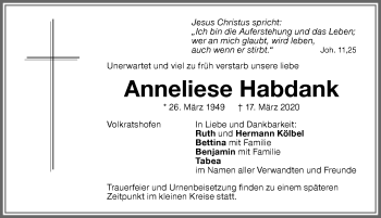 Traueranzeige von Anneliese Habdank von Memminger Zeitung