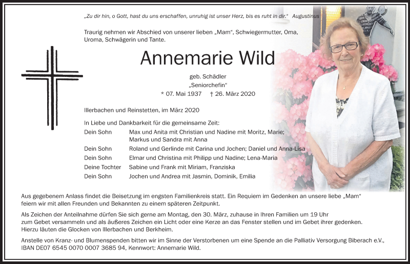  Traueranzeige für Annemarie Wild vom 30.03.2020 aus Memminger Zeitung