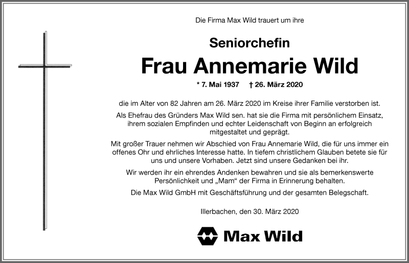  Traueranzeige für Annemarie Wild vom 30.03.2020 aus Memminger Zeitung