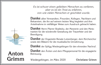 Traueranzeige von Anton Grimm von Allgäuer Zeitung
