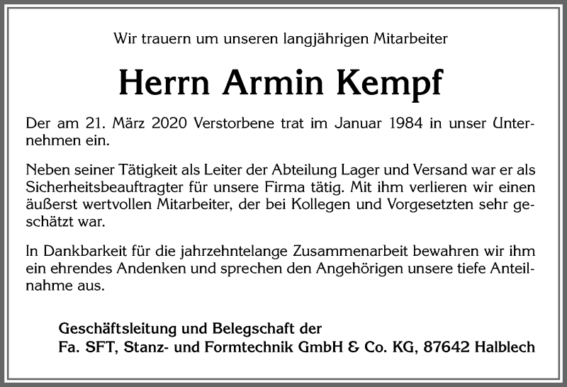 Traueranzeige für Armin Kempf vom 27.03.2020 aus Allgäuer Zeitung, Füssen