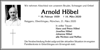 Traueranzeige von Arnold Höbel von Allgäuer Zeitung, Marktoberdorf