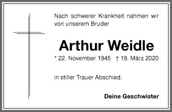 Traueranzeige von Arthur Weidle von Memminger Zeitung