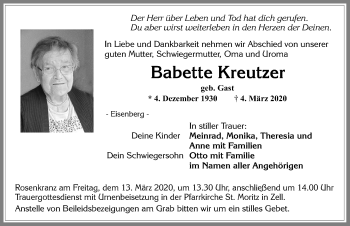 Traueranzeige von Babette Kreutzer von Allgäuer Zeitung, Füssen