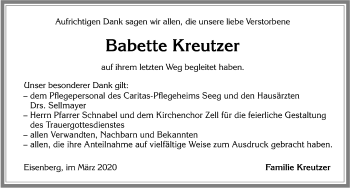 Traueranzeige von Babette Kreutzer von Allgäuer Zeitung, Füssen