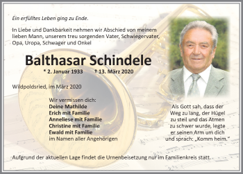 Traueranzeige von Balthasar Schindele von Allgäuer Zeitung,Kempten
