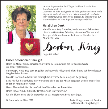 Traueranzeige von Barbara König von Der Westallgäuer