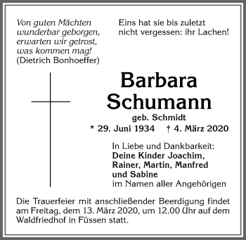 Traueranzeige von Barbara Schumann von Allgäuer Zeitung, Füssen