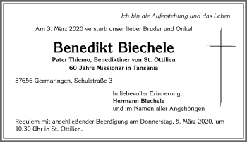 Traueranzeige von Benedikt Biechele von Allgäuer Zeitung, Kaufbeuren/Buchloe