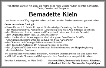 Traueranzeige von Bernadette Klein von Allgäuer Zeitung, Kaufbeuren/Buchloe