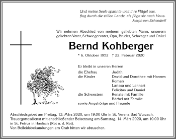 Traueranzeige von Bernd Kohberger von Allgäuer Anzeigeblatt