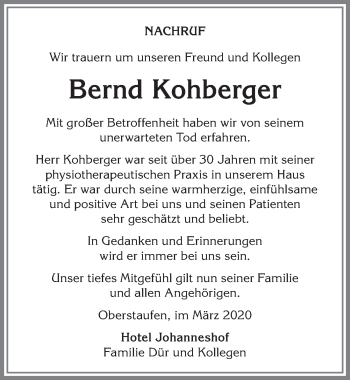 Traueranzeige von Bernd Kohberger von Allgäuer Zeitung