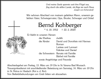 Traueranzeige von Bernd Kohberger von Der Westallgäuer