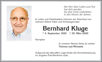Traueranzeige von Bernhard Kluge von Allgäuer Zeitung,Kempten