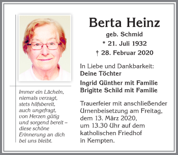 Traueranzeige von Berta Heinz von Allgäuer Zeitung,Kempten
