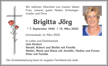 Traueranzeige von Brigitta Jörg von Allgäuer Anzeigeblatt