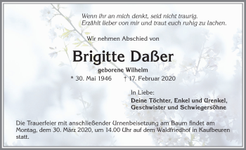 Traueranzeige von Brigitte Daßer von Allgäuer Zeitung, Kaufbeuren/Buchloe