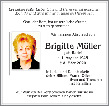 Traueranzeige von Brigitte Müller von Allgäuer Zeitung,Kempten