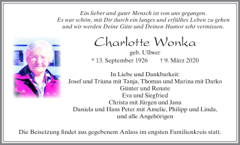 Traueranzeige von Charlotte Wonka von Allgäuer Zeitung, Marktoberdorf
