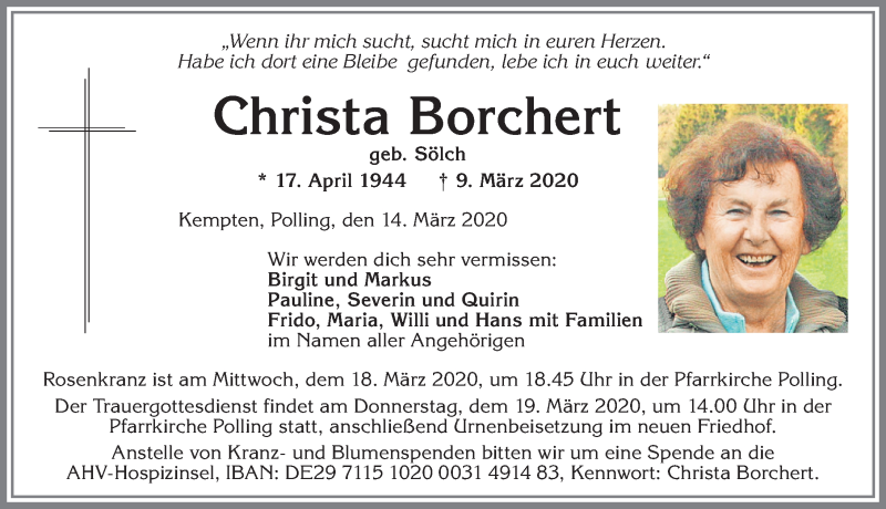  Traueranzeige für Christa Borchert vom 14.03.2020 aus Allgäuer Zeitung,Kempten