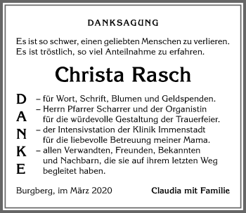 Traueranzeige von Christa Rasch von Allgäuer Anzeigeblatt