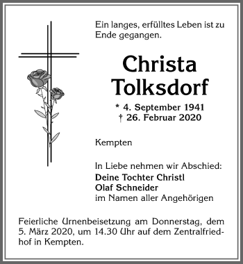Traueranzeige von Christa Tolksdorf von Allgäuer Zeitung,Kempten