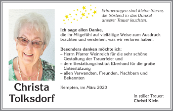 Traueranzeige von Christa Tolksdorf von Allgäuer Zeitung,Kempten