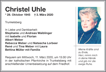 Traueranzeige von Christel Uhle von Memminger Zeitung
