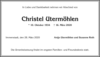 Traueranzeige von Christel Utermöhlen von Allgäuer Anzeigeblatt