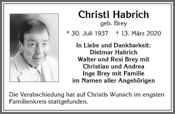 Traueranzeige von Christi Habrich von Allgäuer Zeitung, Kaufbeuren/Buchloe