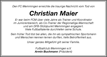Traueranzeige von Christian Maier von Memminger Zeitung