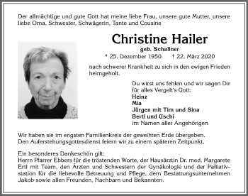 Traueranzeige von Christine Hailer von Allgäuer Zeitung,Kempten
