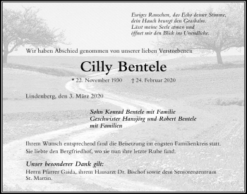 Traueranzeige von Cilly Bentele von Der Westallgäuer