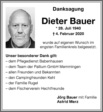 Traueranzeige von Dieter Bauer von Memminger Zeitung