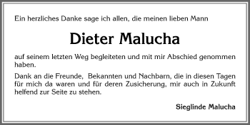 Traueranzeige von Dieter Malucha von Allgäuer Zeitung, Kaufbeuren/Buchloe