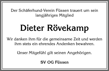 Traueranzeige von Dieter Rövekamp von Allgäuer Zeitung, Füssen