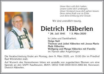 Traueranzeige von Dietrich Häberlen von Allgäuer Zeitung, Kaufbeuren/Buchloe