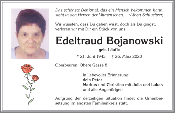 Traueranzeige von Edeltraud Bojanowski von Allgäuer Zeitung, Kaufbeuren/Buchloe
