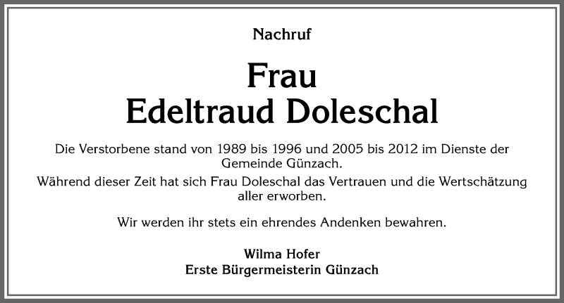  Traueranzeige für Edeltraud Doleschal vom 06.03.2020 aus Allgäuer Zeitung, Marktoberdorf