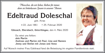 Traueranzeige von Edeltraud Doleschal von Allgäuer Zeitung, Marktoberdorf