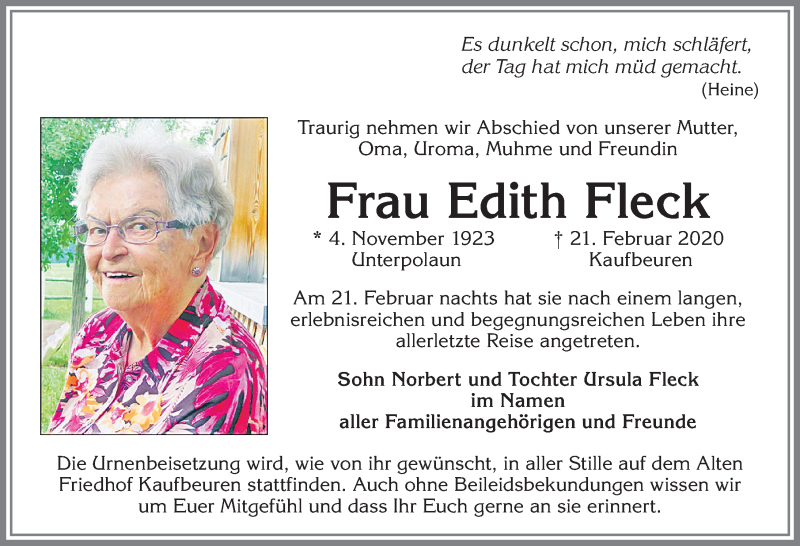  Traueranzeige für Edith Fleck vom 29.02.2020 aus Allgäuer Zeitung, Kaufbeuren/Buchloe