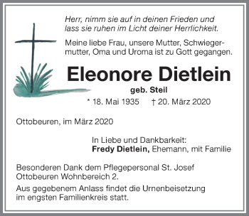 Traueranzeige von Eleonore Dietlein von Memminger Zeitung