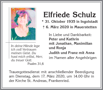 Traueranzeige von Elfriede Schulz von Allgäuer Zeitung, Kaufbeuren/Buchloe