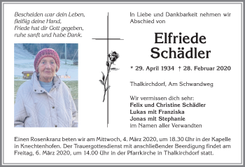 Traueranzeige von Elfriede Schädler von Allgäuer Anzeigeblatt